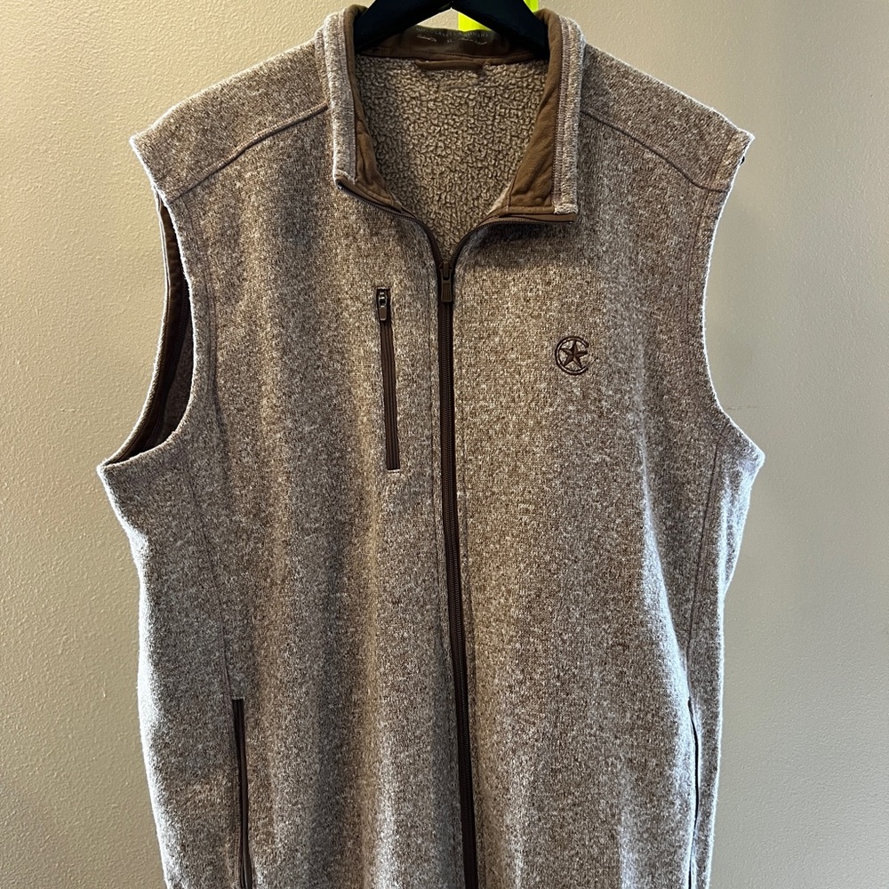 Tan Fleece Vest with Standing Collar and Textured Finish